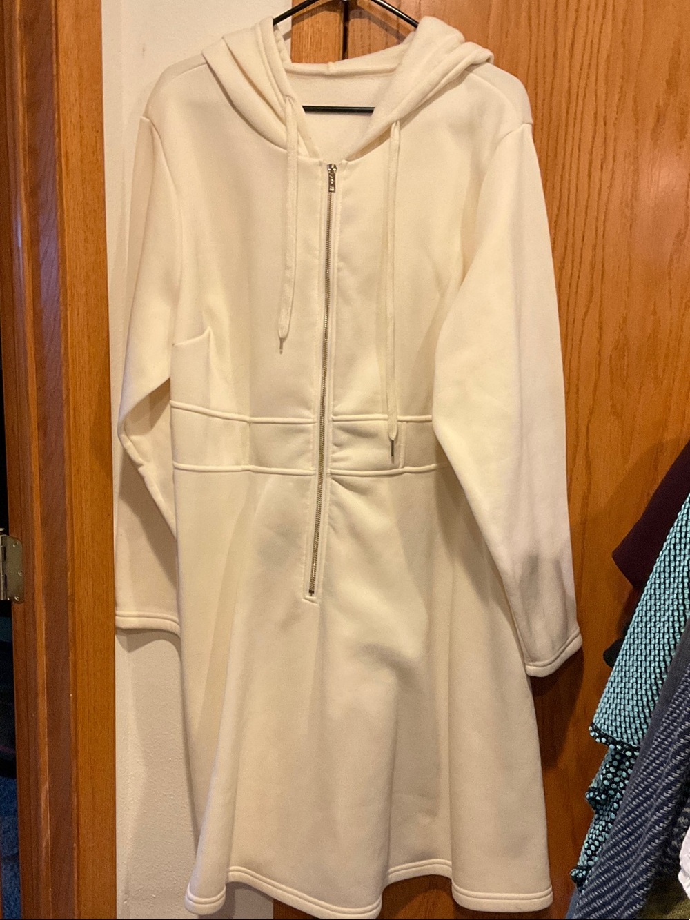 SHEIN Cream Long Sleeve Hooded Zip Dress